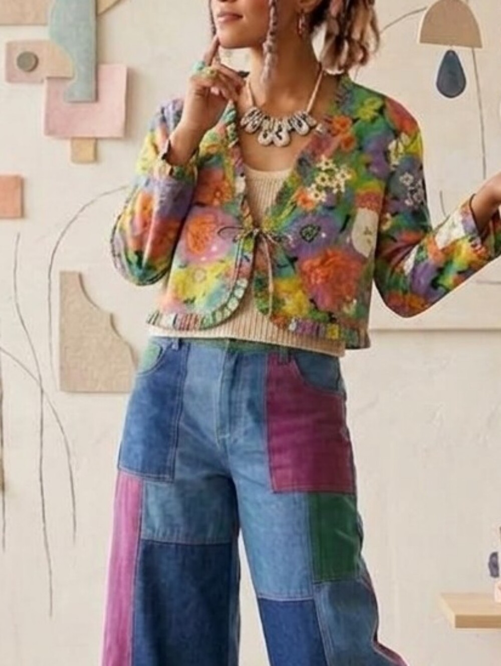 Vintage Redd bright abstract print tie front maximalist crop bold jacket size 16